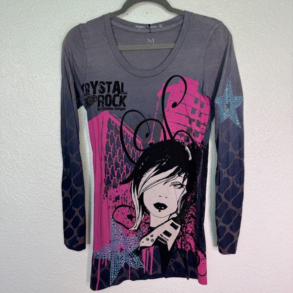 Christian Audigier Crystal Rock Y2K Shirt Women Medium Rocker Girl Tee Tunic Top - Picture 1 of 14